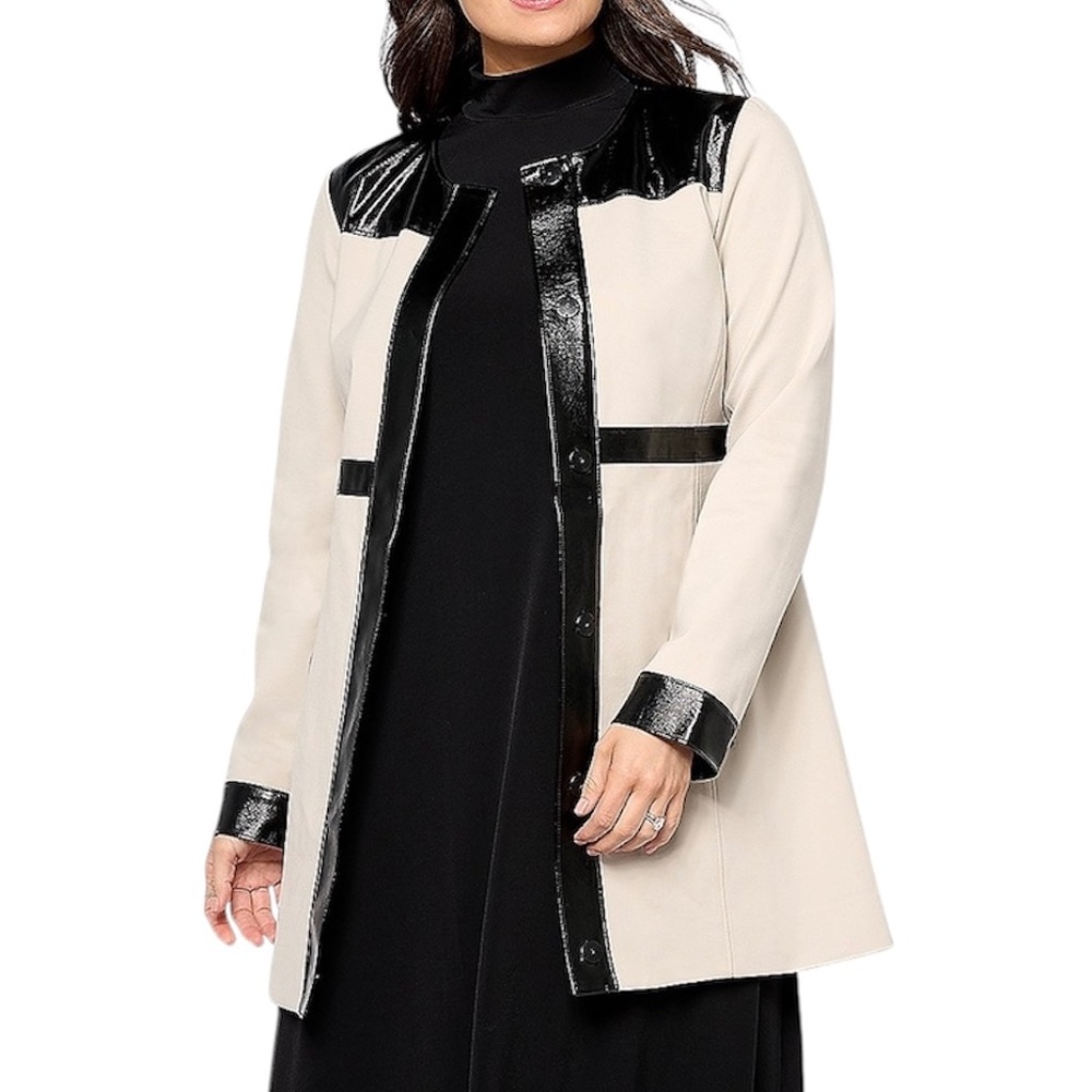 New Dennis Basso Patent Faux Leather Trim Ponte Topper Jacket Ecru Black Medium